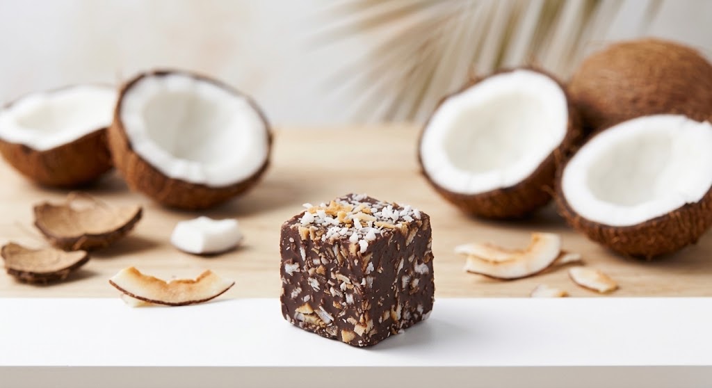 Dark chocolate energy cube coated in toasted coconut flakes, surrounded by fresh coconut halves